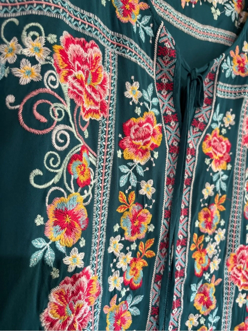 SAVANNAH JANE flowy rayon EMBROIDERED TOP summer boho garden TEAL GREEN large - Picture 2 of 6